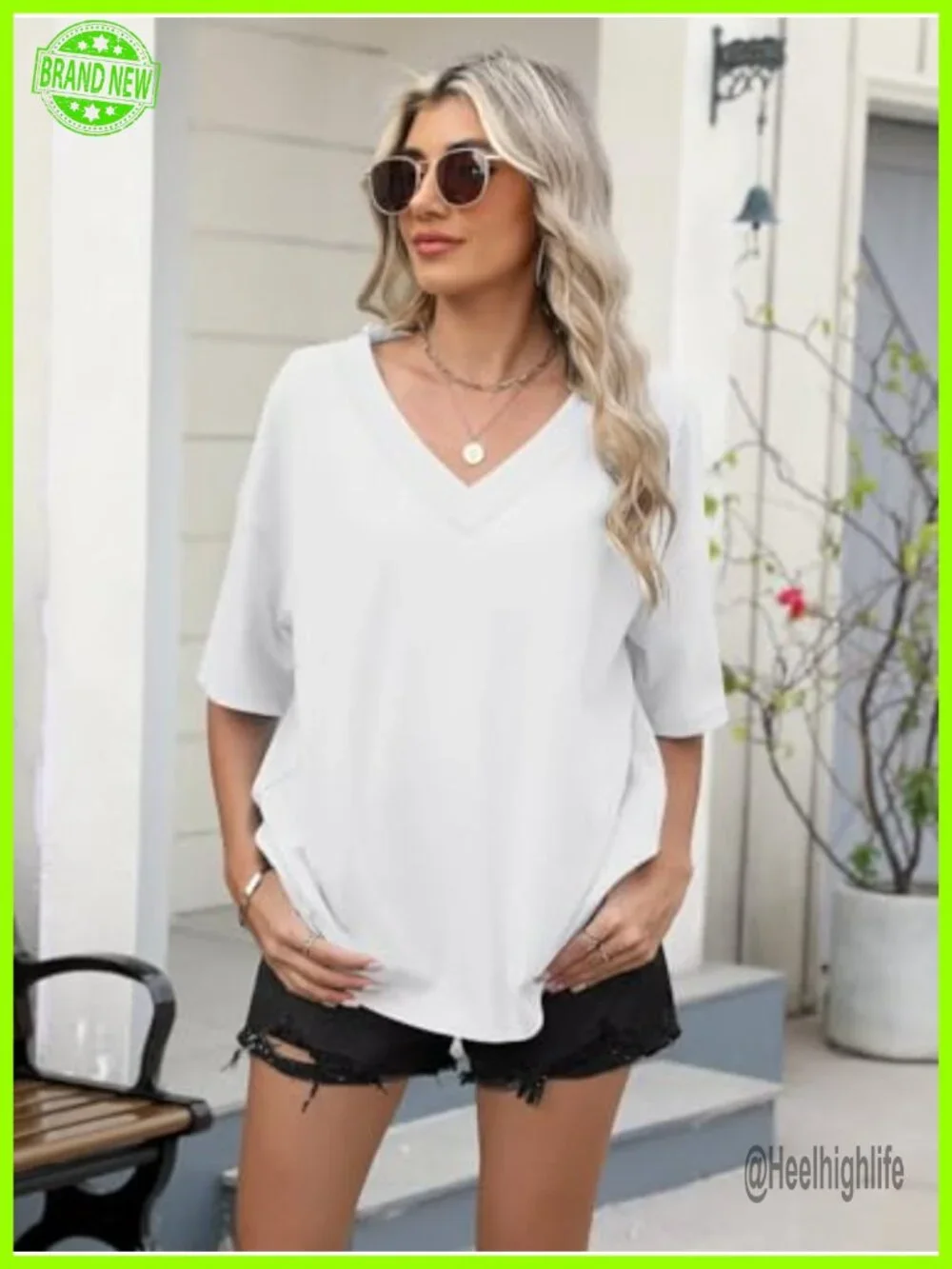 Oversized V Neck Ribbed Trim Short Sleeve Tee